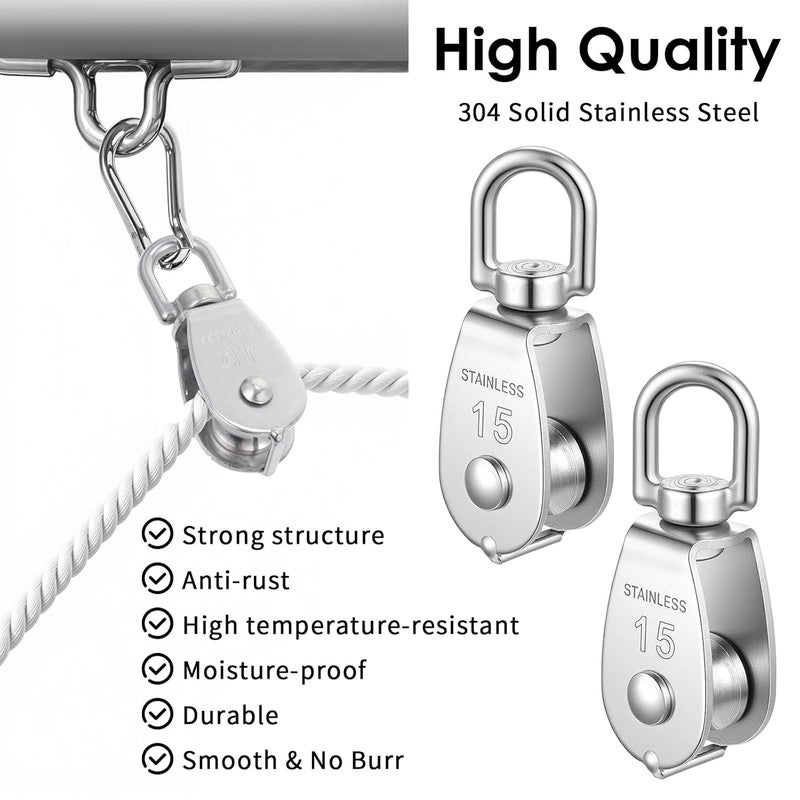 AojSup 12 Pack M15 Pulleys for Rope, 304 Stainless Steel Wire Rope Cable Pulley, Heavy Duty Swivel Pulley Wheel Hanging Wire Towing Wheel for Lifting - Image 4